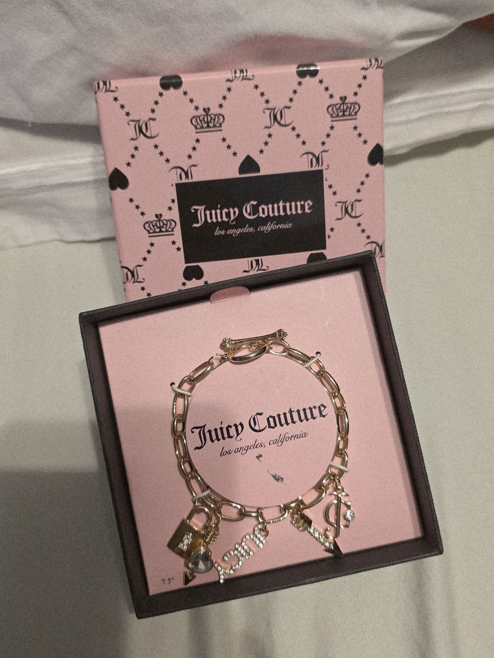 Juicy Couture Gold Charm Link Bracelet with Logo and Heart Charms